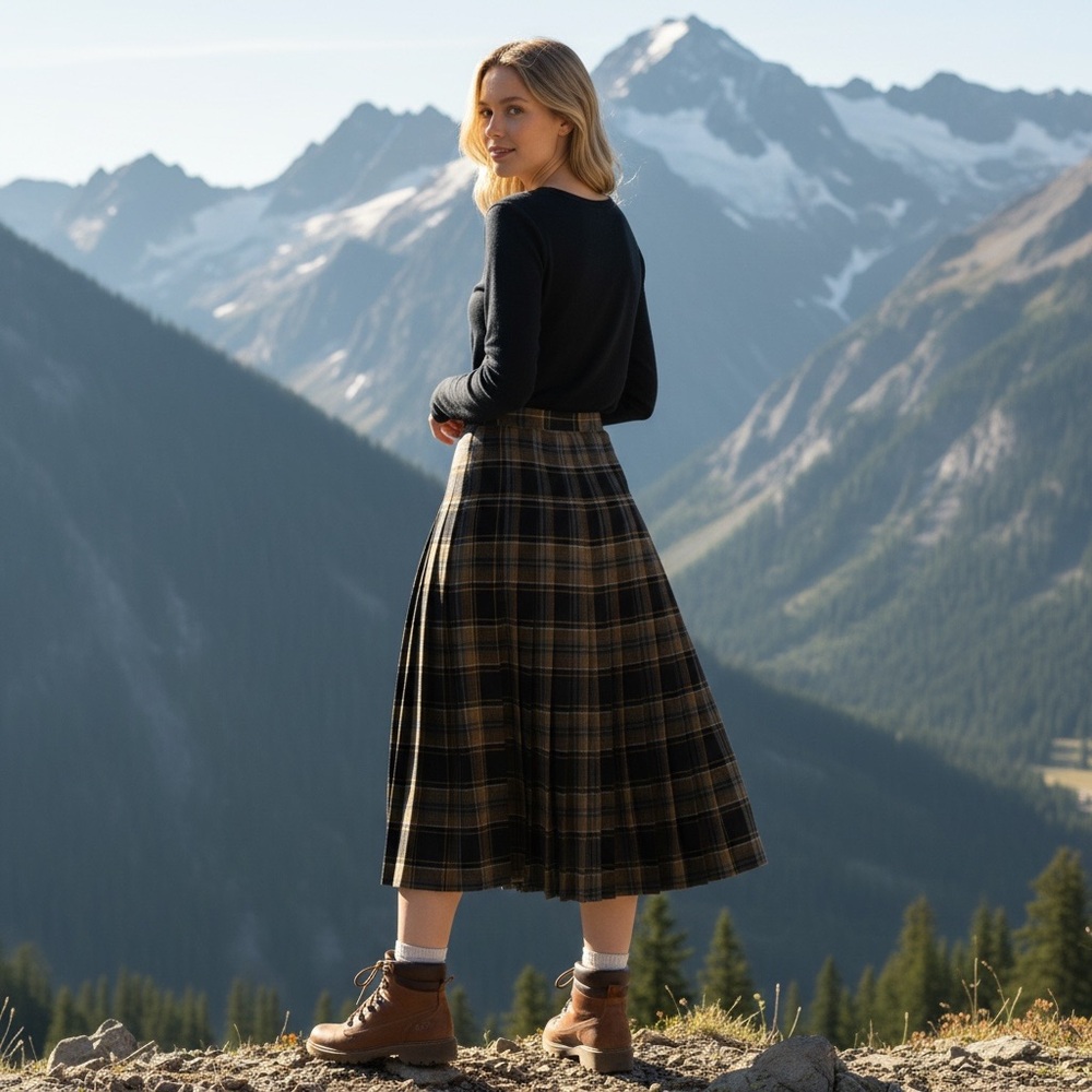 Vintage Virgin Wool Black Tan and Mustard Pleated Tartan Kilt